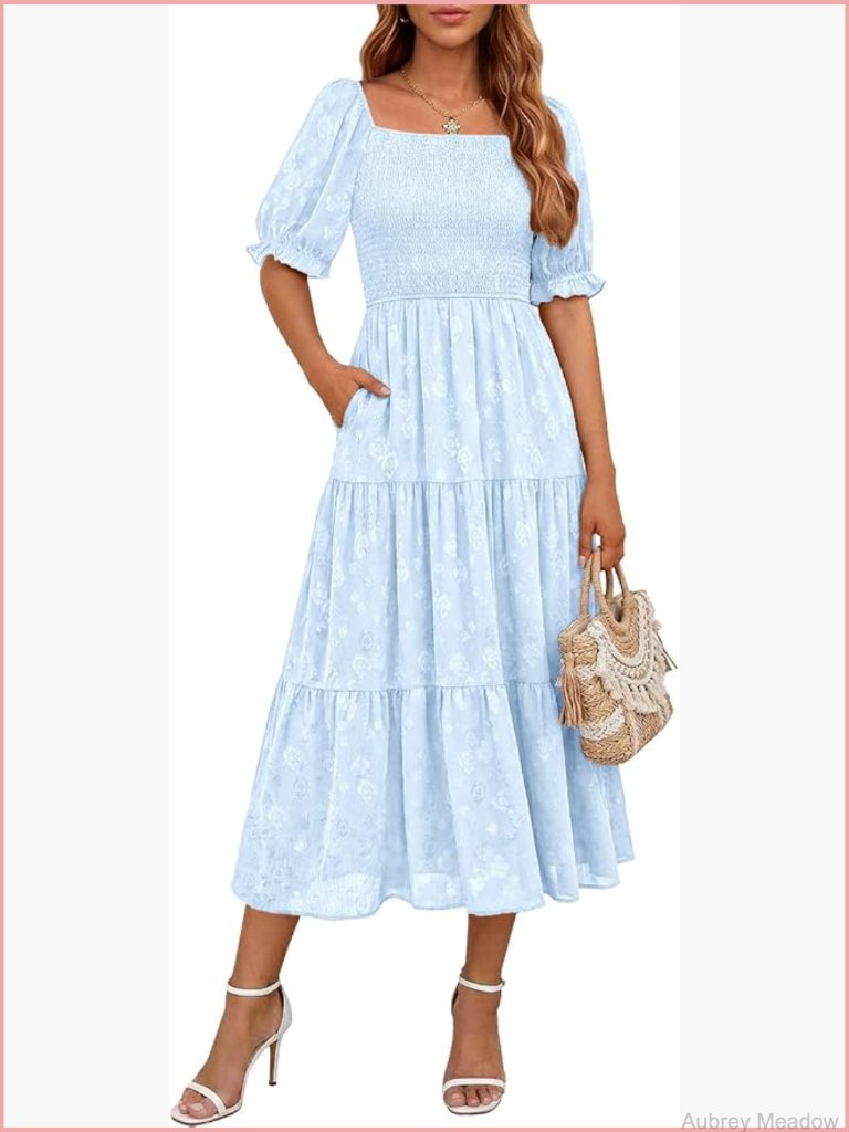 Women's Square Neck Smocked Boho Midi Dress With Pockets